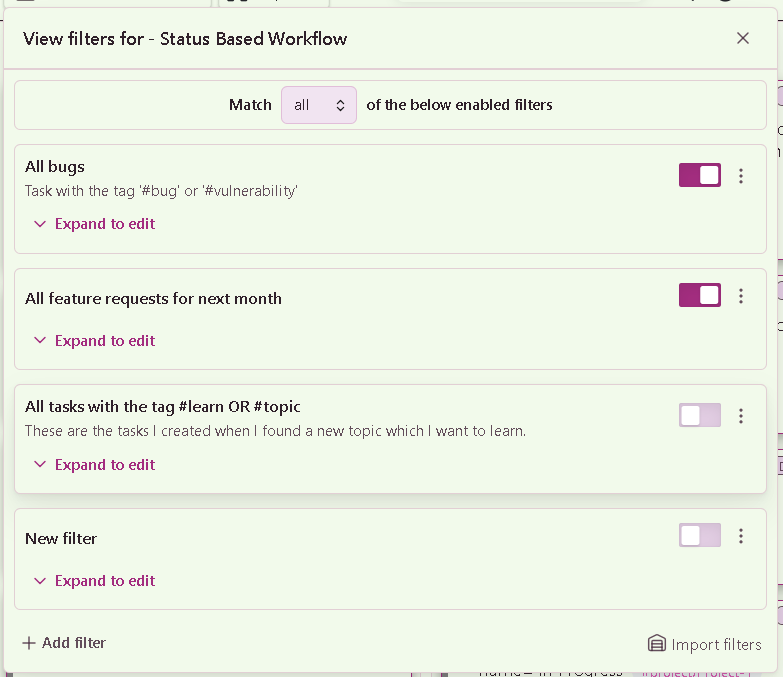 List of Quick filters