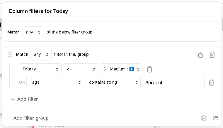 Column filter UI with few filter criteria applied