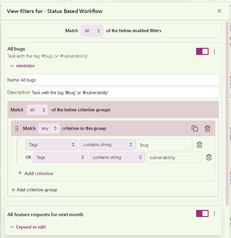 First quick filter showing its configuration
