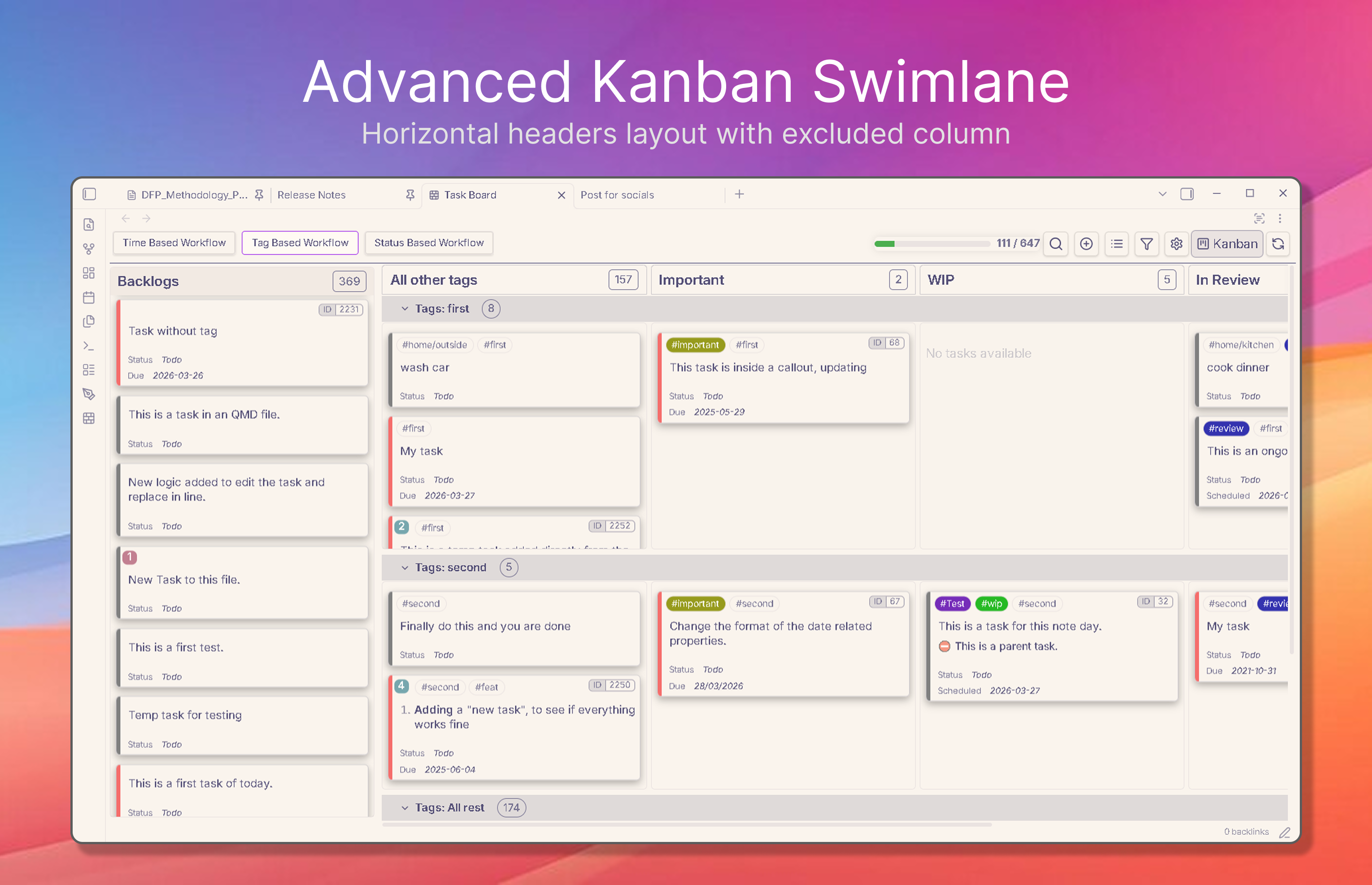Advanced Kanban Swimlane with horizontal headers layout additionally showing an excluded column